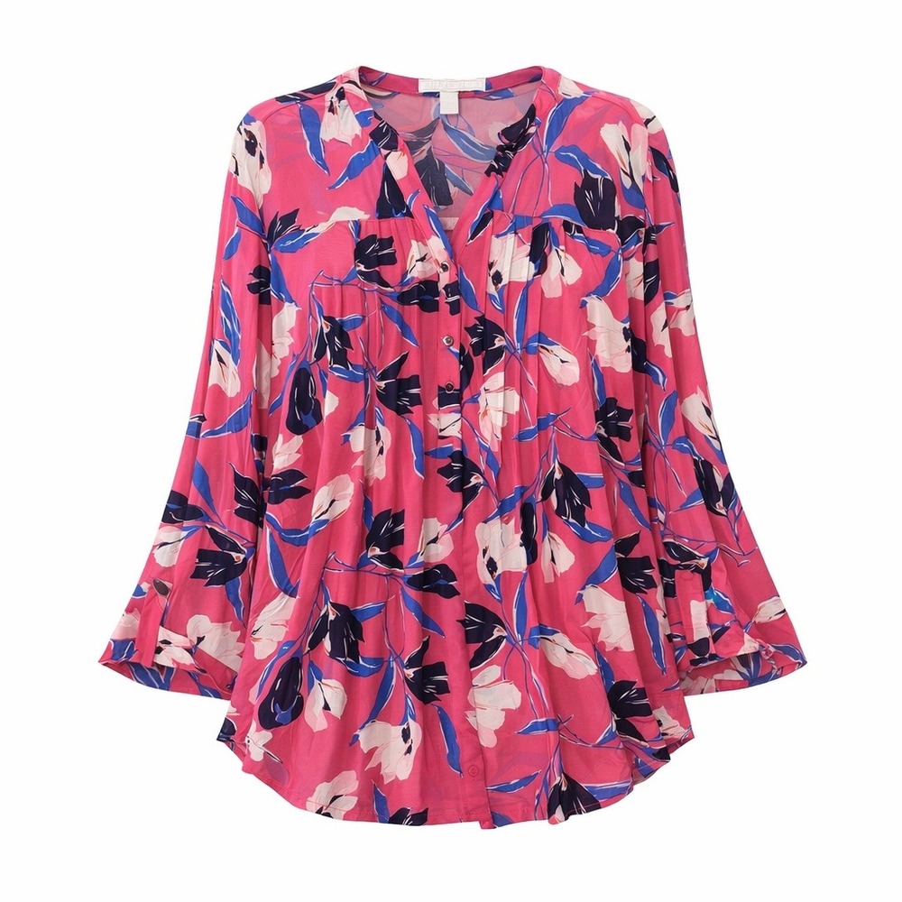 Juniper + Lime Women's 1X Mesh Pink‎ Floral Print Pleated Long Sleeve Blouse Top